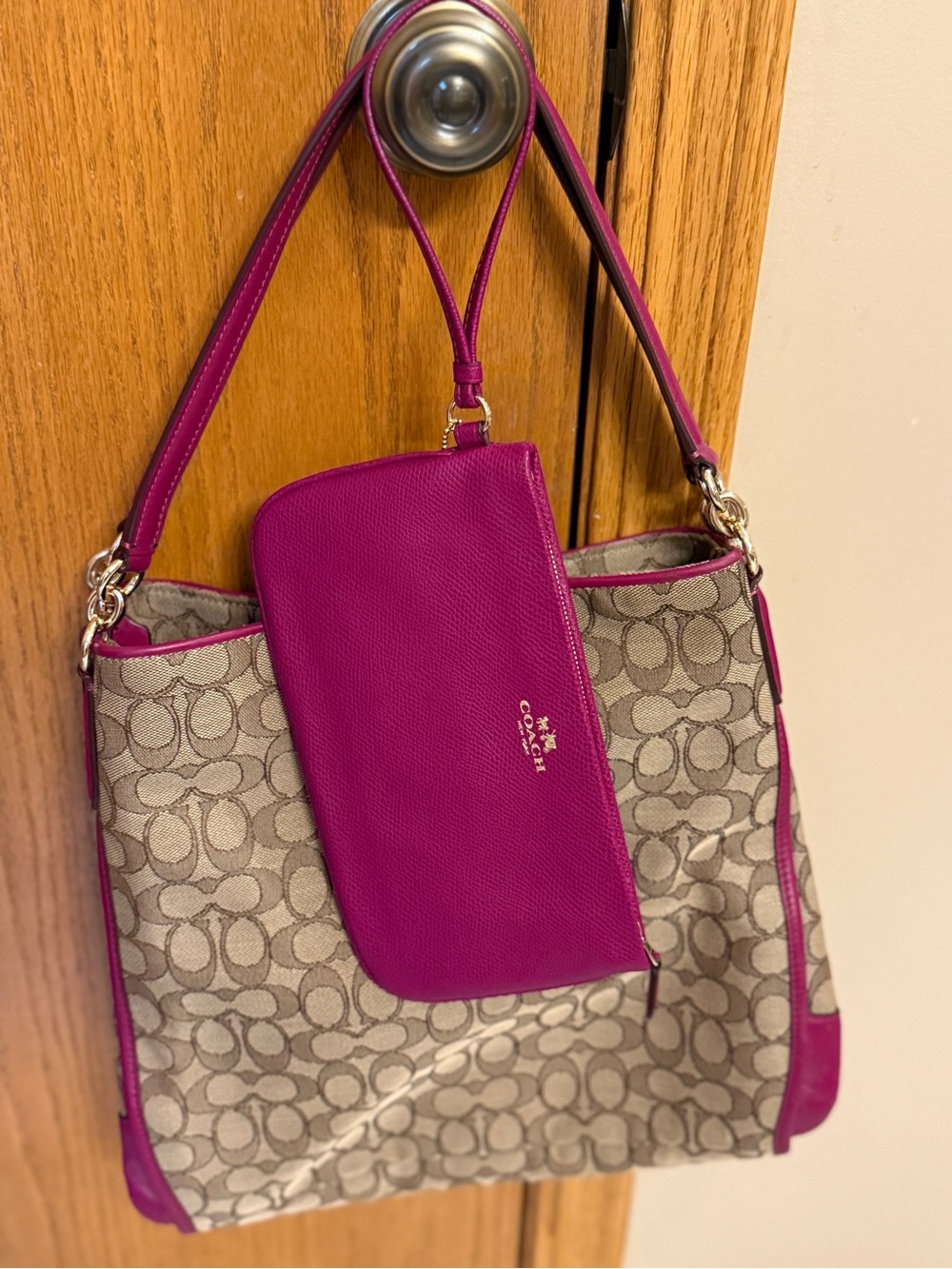 Coach Beige Signature Canvas Shoulder Bag with Pink Trim